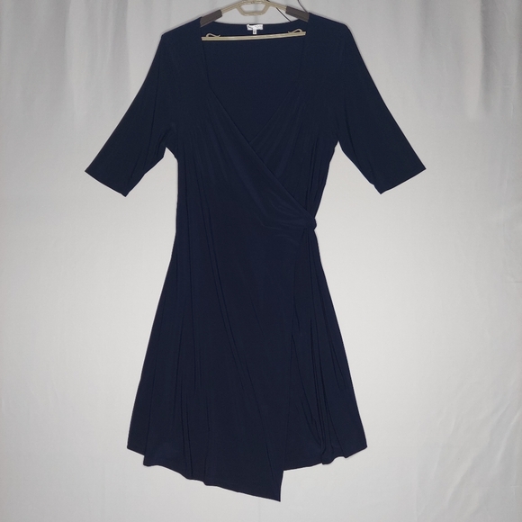 Kiyonna Essentials Wrap Dress 3X Navy Blue Stretch VNeck Tie Elbow Sleeve Midi - Picture 3 of 8